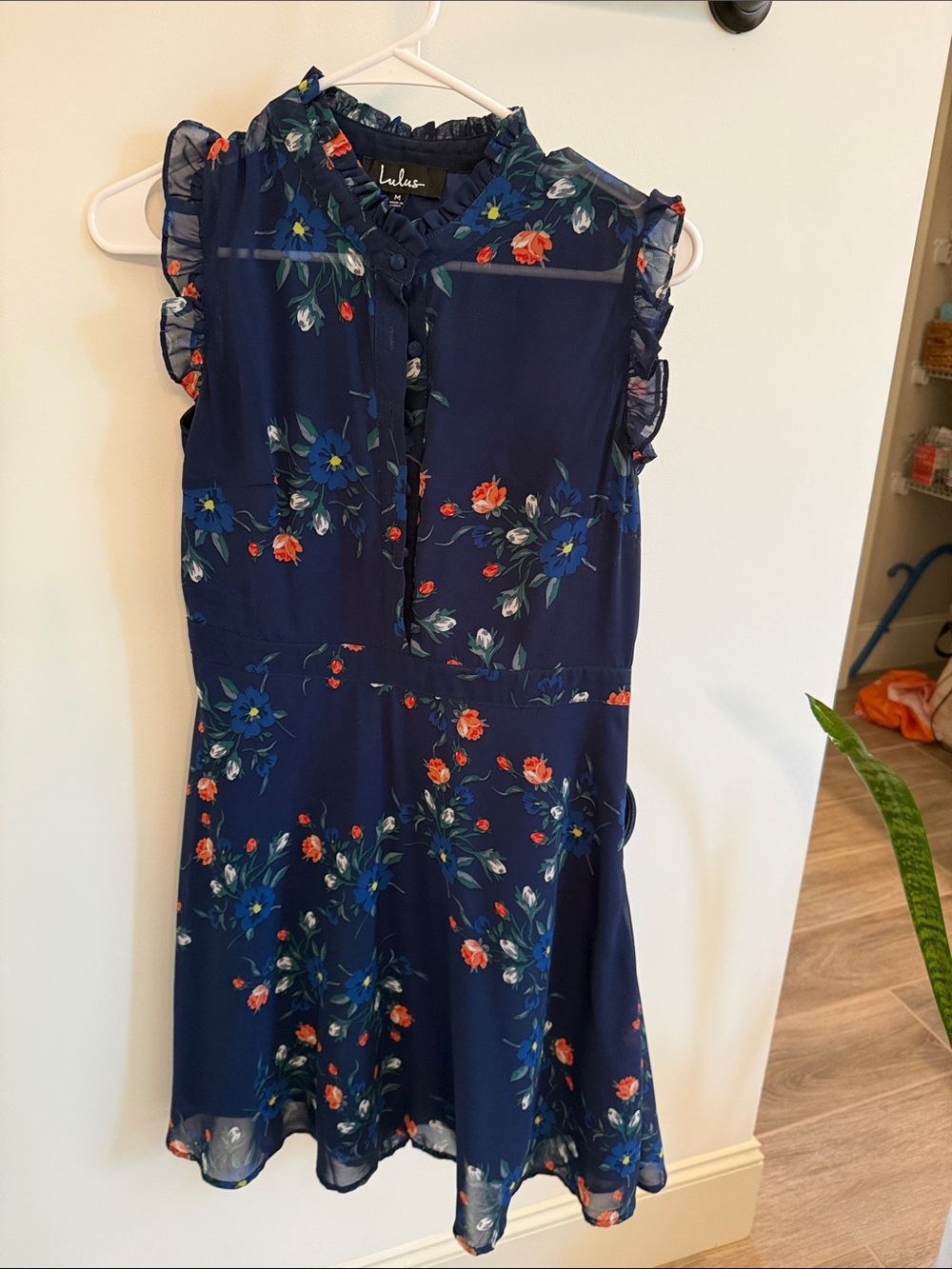 Lulu's Navy Floral Ruffle-Sleeve Dress - Size Medium